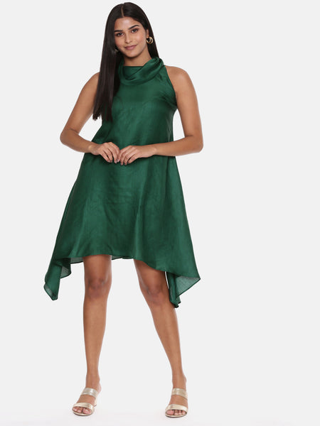 Koul Neck Green Silk Short Dress - AS0603