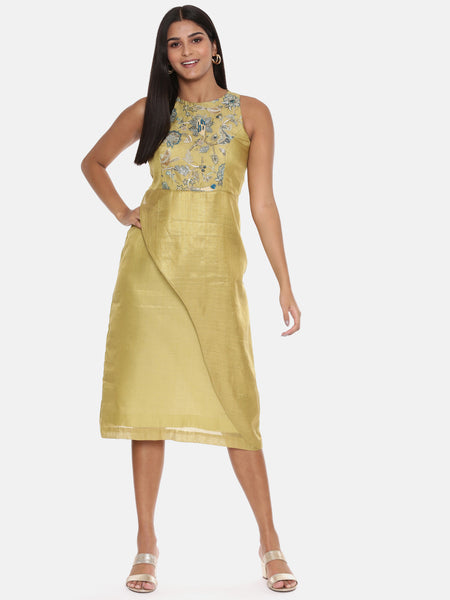 Gold Chanderi Printed Dress  - AS0612
