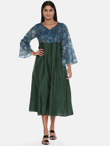 Green Blue Printed Silk Muslin Dress  - AS0617