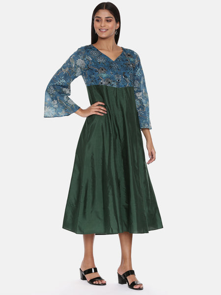 Green Blue Printed Silk Muslin Dress  - AS0617