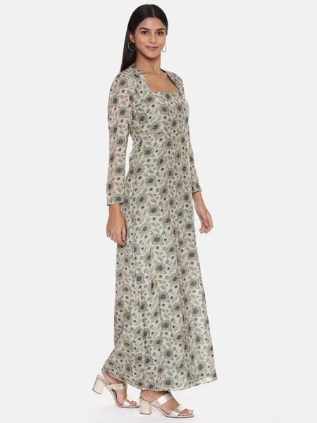 Silk Muslin Beige Green Dress - AS0618