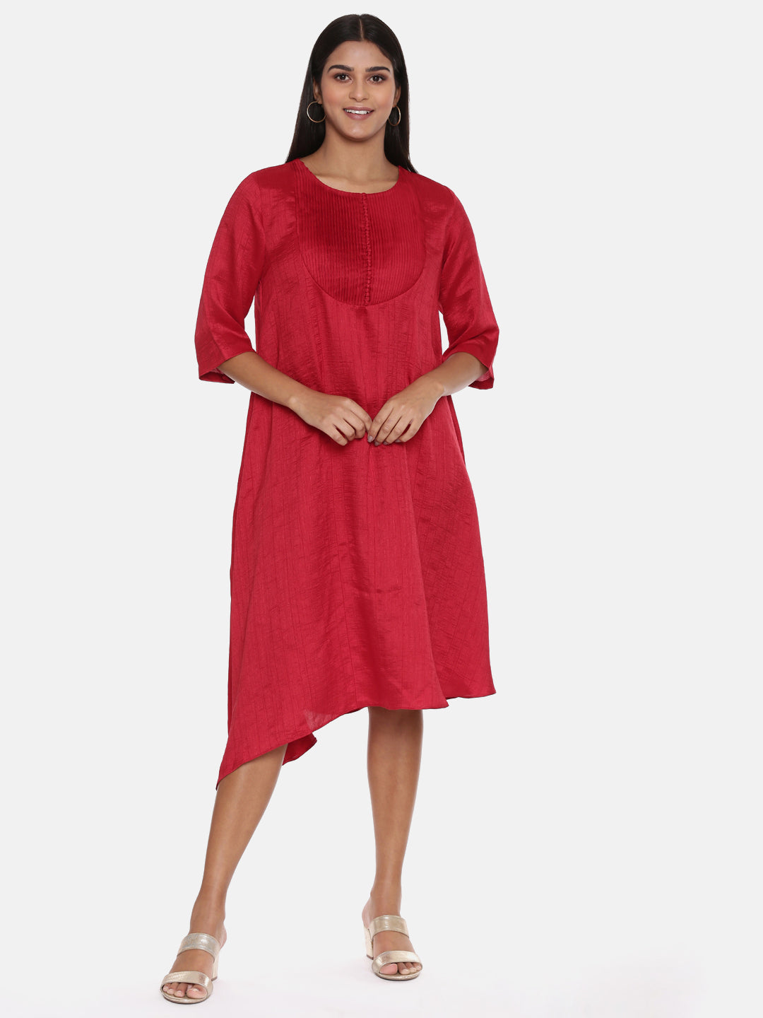 Red Slub Silk Pleated Dress - AS0621