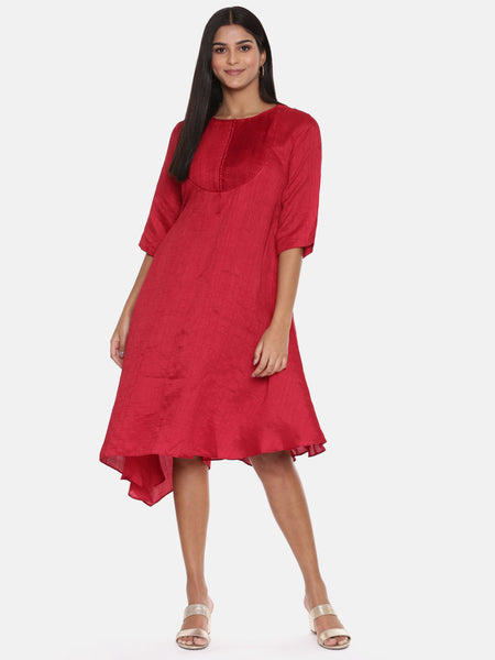 Red Slub Silk Pleated Dress - AS0621