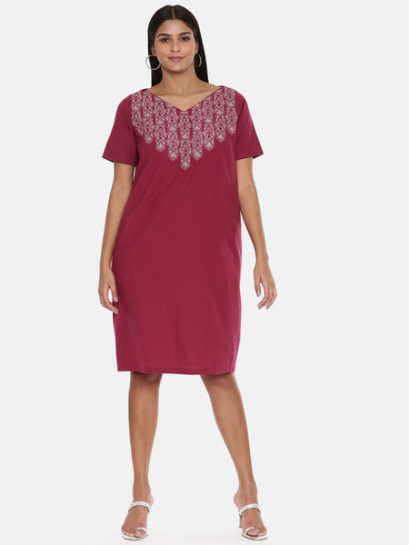Wine Cotton Embroidered Dress - AS0624