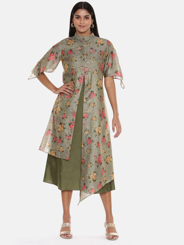 Chanderi Green Printed Dress - AS0625