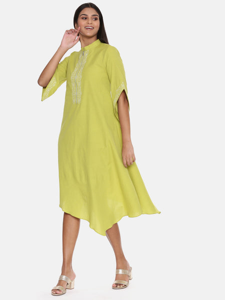 Green Cotton Embroidered Dress - AS0626