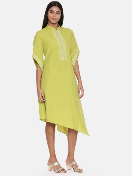 Green Cotton Embroidered Dress - AS0626