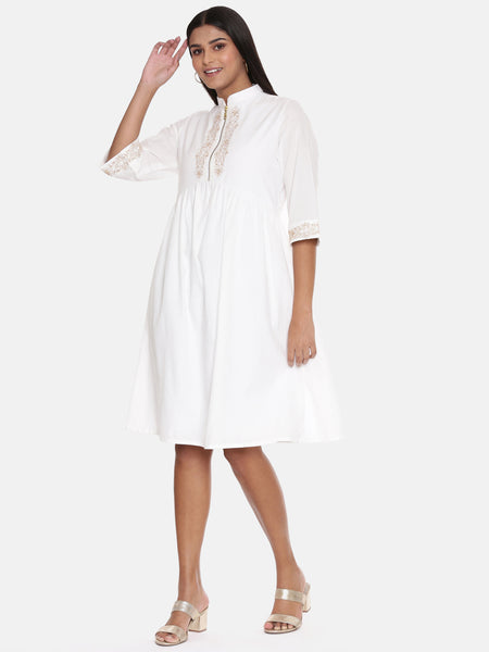 White Cotton Embroidered Dress - AS0629