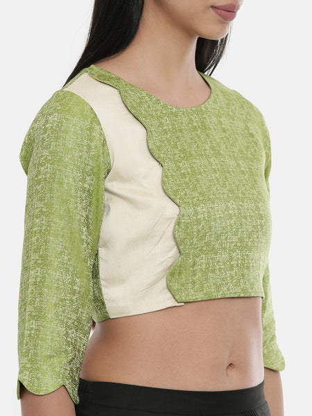 Leaf Green/Beige,Jaquard/Cotton silk Blouse - ASBL023 - Asmi Shop