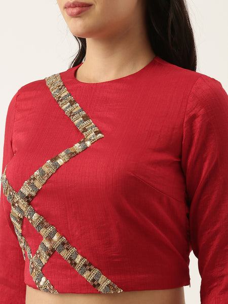 Silk Red Sequened Blouse  - ASBL045