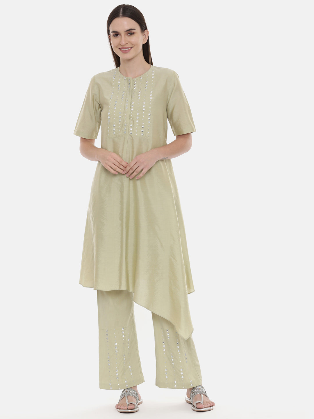 Green Silk Embroidred Co Ord Set - ASCRSET004