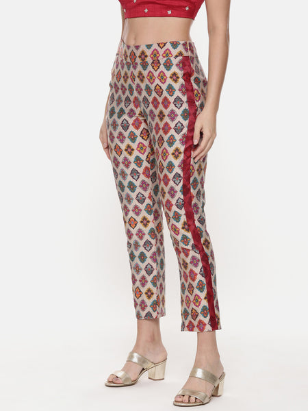 Silk Chanderi Red Top with Printed Pants - ASCRSET013