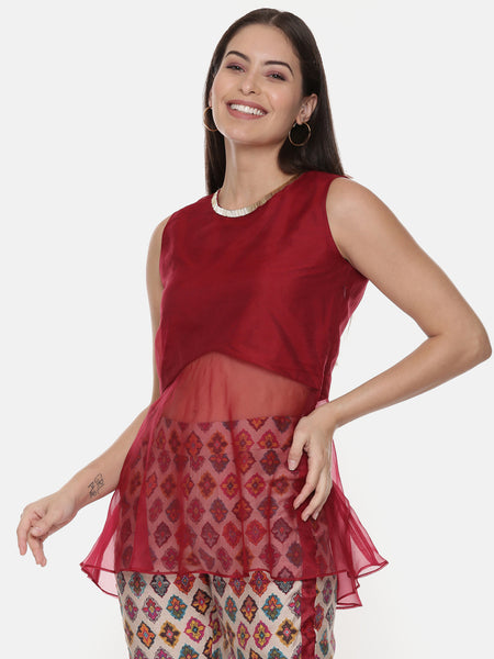 Silk Chanderi Red Top with Printed Pants - ASCRSET013