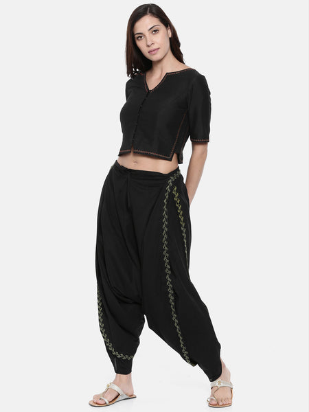 Black Embroidered Cotton Dhoti Pants - ASDP001 - Asmi Shop