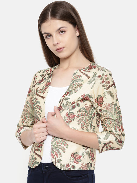 Chanderi Digital Beige Printed Jacket - ASJ005 - Asmi Shop