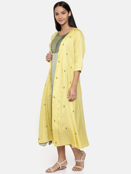 Yellow,R T Fiona long jacket with motif embroidery  -ASJ027 - Asmi Shop