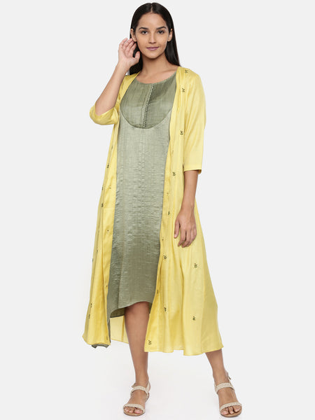 Yellow,R T Fiona long jacket with motif embroidery  -ASJ027 - Asmi Shop