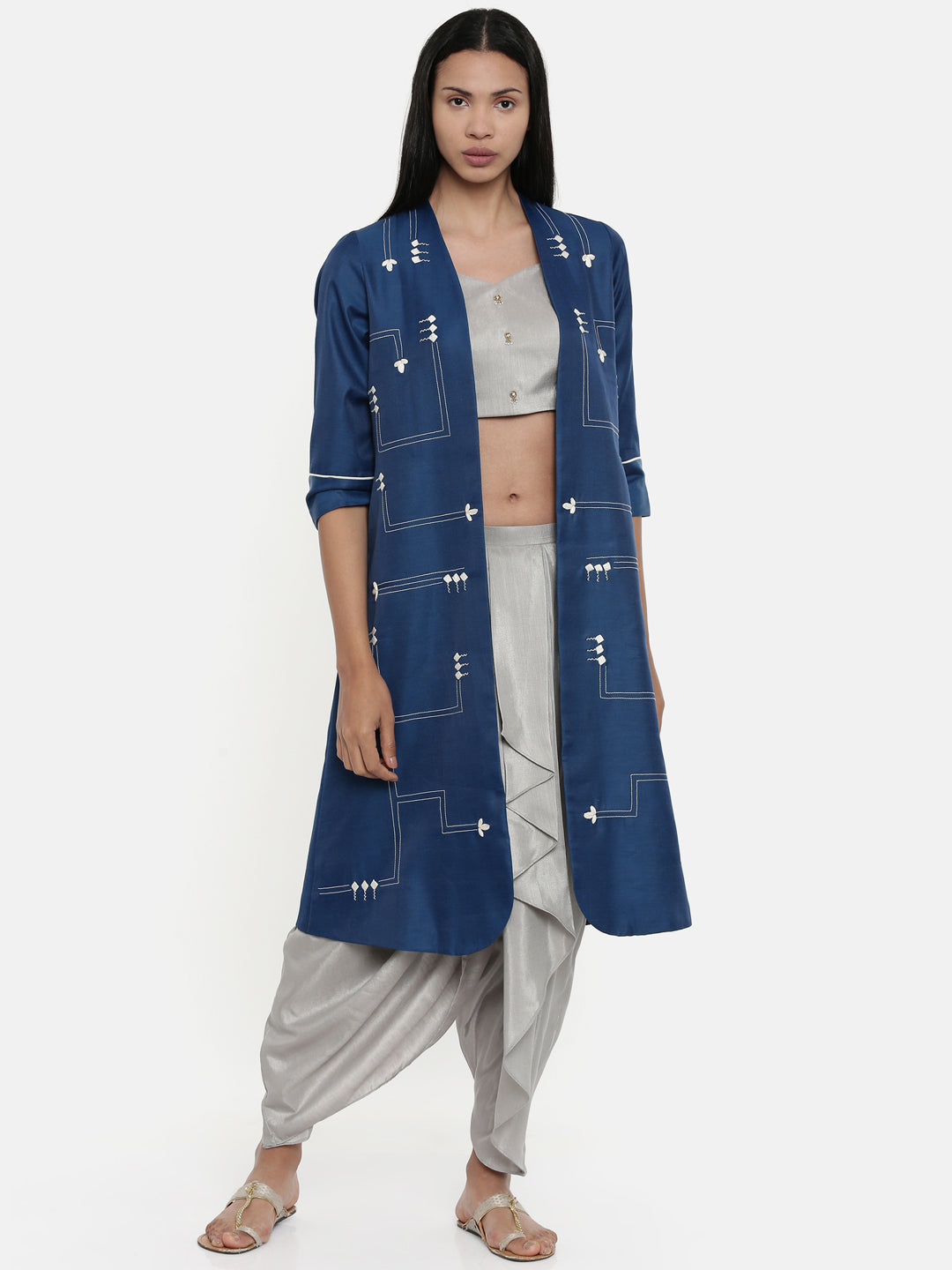Sapphire Blue,Linen Satin long jacket - ASJ041 - Asmi Shop