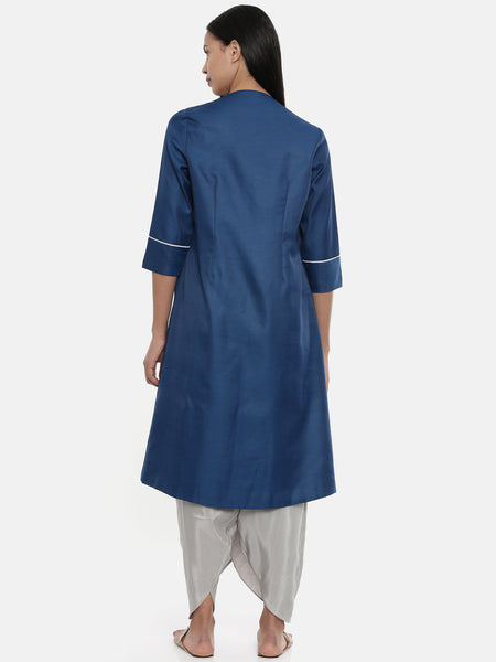 Sapphire Blue,Linen Satin long jacket - ASJ041 - Asmi Shop