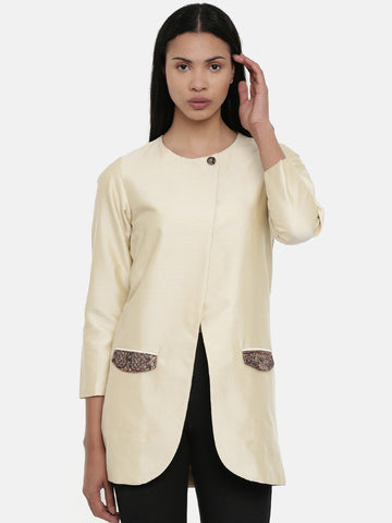 Beige,Cotton Silk,thigh lengthjacket - ASJ044 - Asmi Shop