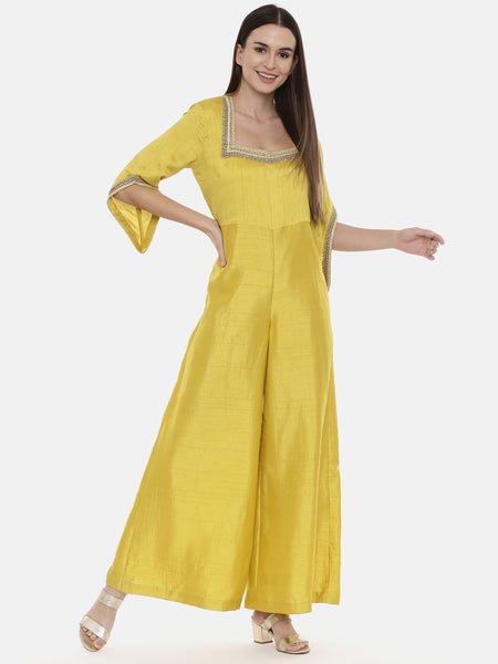 Yellow Silk Embroidered Jump Suit - ASJS008