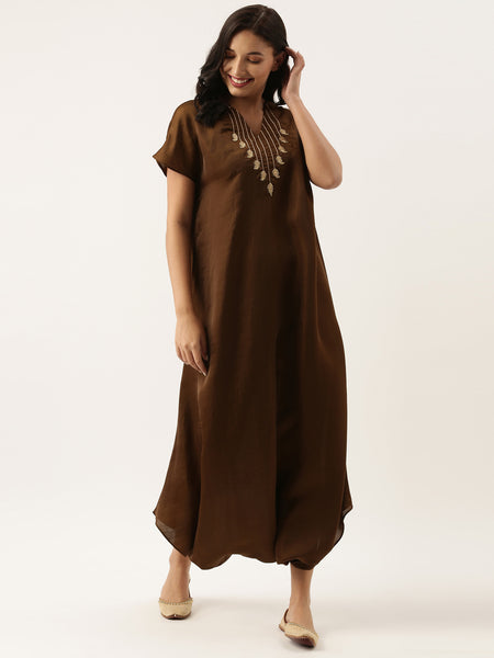 Brown Silk Emb Jumpsuit - ASJS006