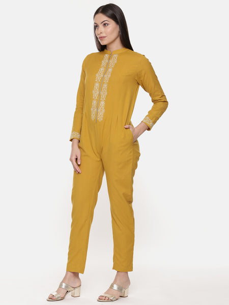 Mustard Cotton Embroidred Jumpsuit - ASJS009