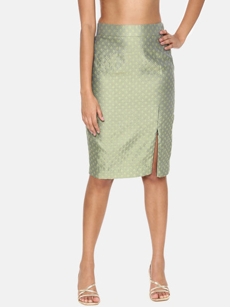 Green Silk Jaquard Skirt - ASSK008