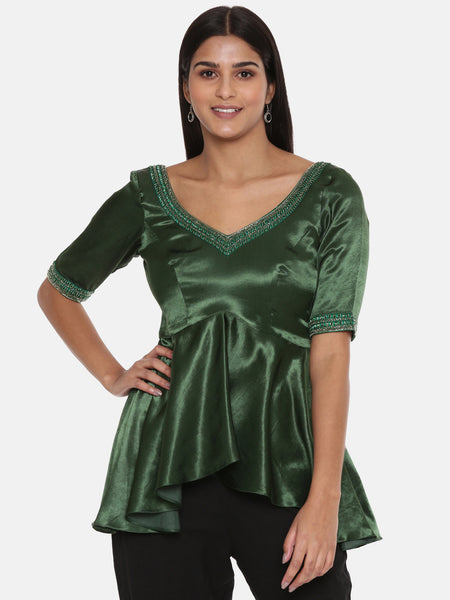 Silk Satin Green Embroidered Top  -  ASST047