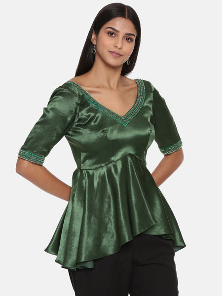 Silk Satin Green Embroidered Top  -  ASST047